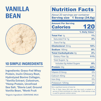 Grass Fed Whey Protein Powder, Vanilla Bean, 24g Protein with Collagen Peptides, Bovine Colostrum, Hemp Hearts & Prebiotic Fiber, No Added Sugar or Artificial Ingredients, 20 Servings